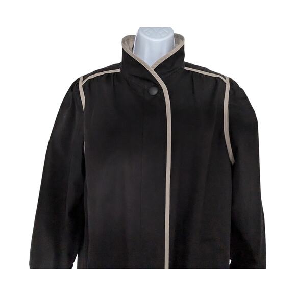 Women’s Black Contrast Trim Button Front Coat Mid-Length Trench Style - Picture 4 of 14